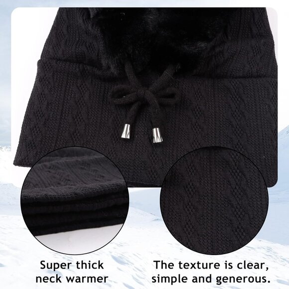 Women Black Polyester Warm Thick Fluff Beanie Adult Neck Face Winter Balaclava - Picture 6 of 7
